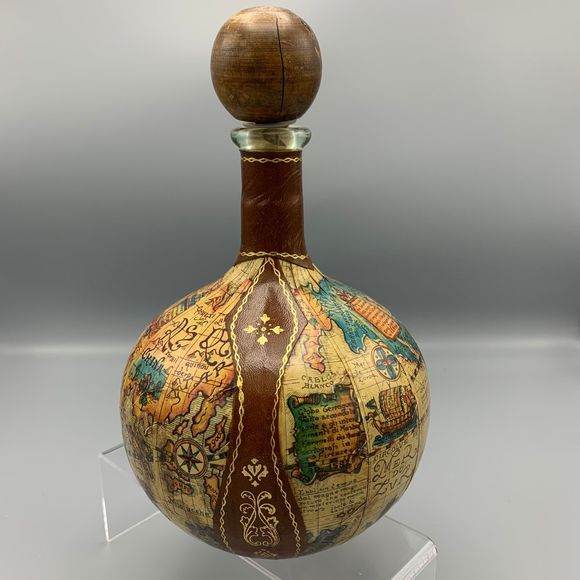 1960s Leather Wrapped Fausto Corduri Glass Decanter Old World Map Made in Italy - Picture 4 of 10